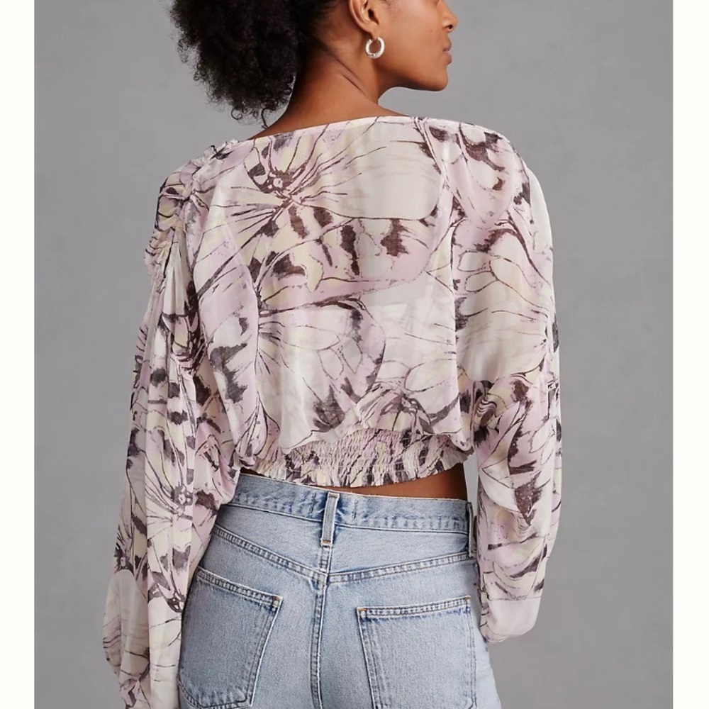 🆕 ANTHROPOLOGIE By Sheer Peasant Top Purple Motif Smocked Blouse - Picture 4 of 5